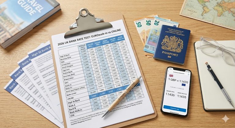 Comparison of 2026 UK high street bank Euro rates vs online travel money providers on a researcher's desk.