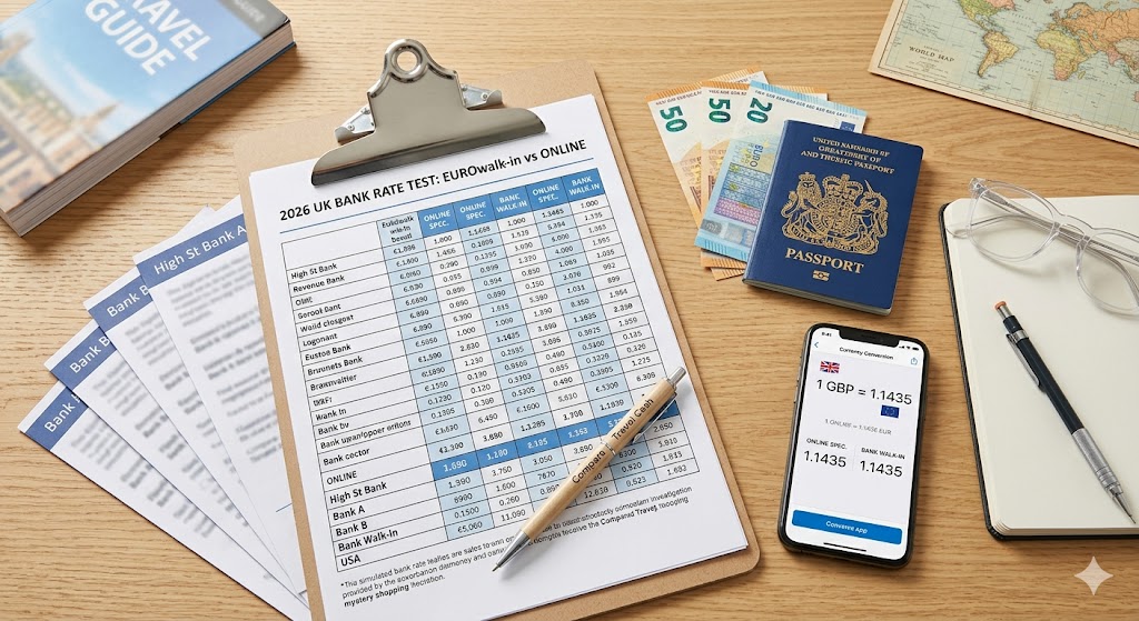 Comparison of 2026 UK high street bank Euro rates vs online travel money providers on a researcher's desk.