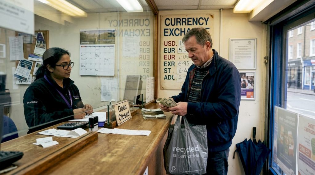 Man exchanging pounds for dollars at counter