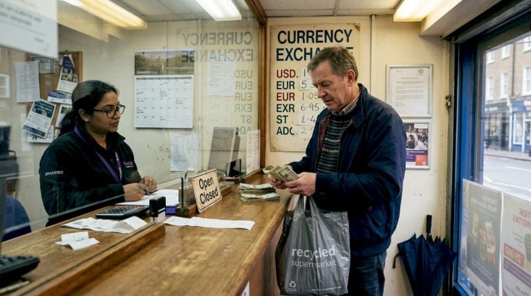 Man exchanging pounds for dollars at counter