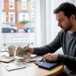 Man sorting travel money in kitchen setting