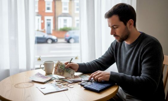 Man sorting travel money in kitchen setting