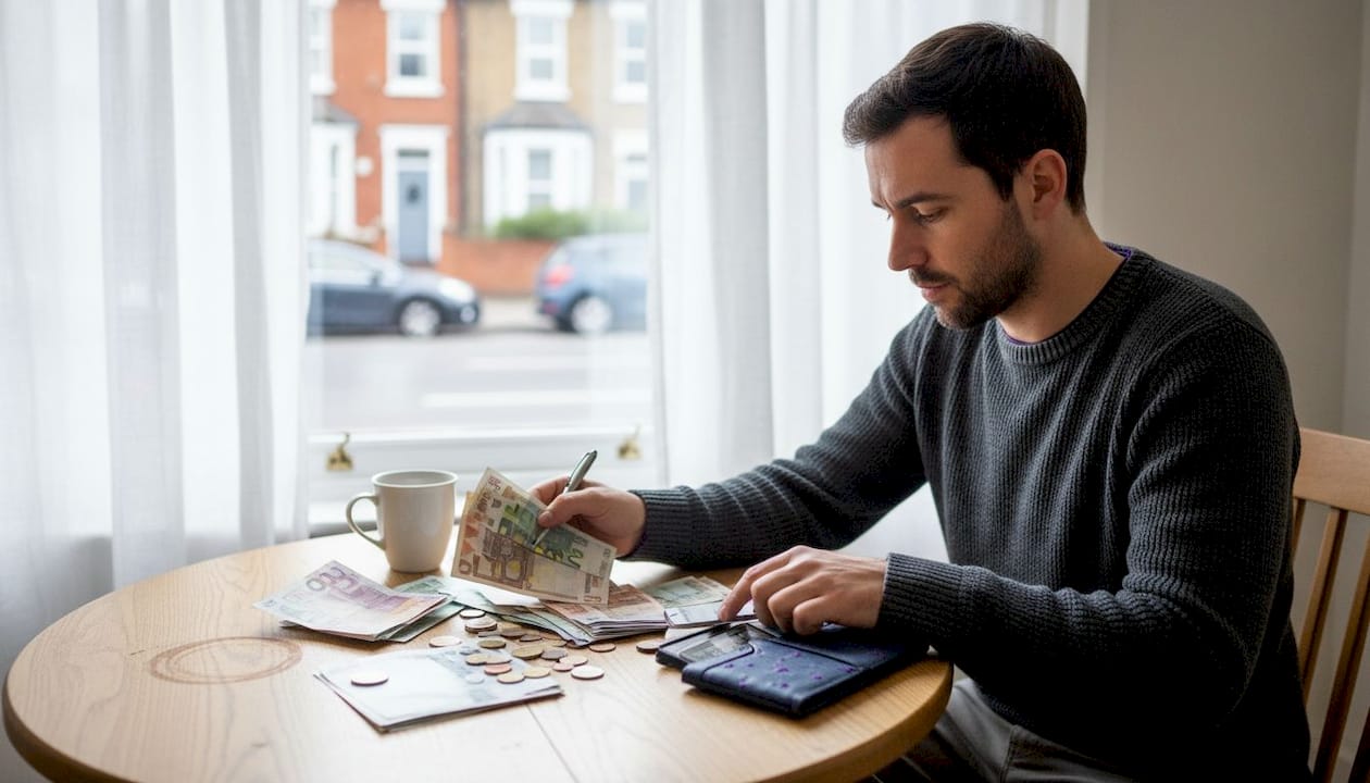 Man sorting travel money in kitchen setting
