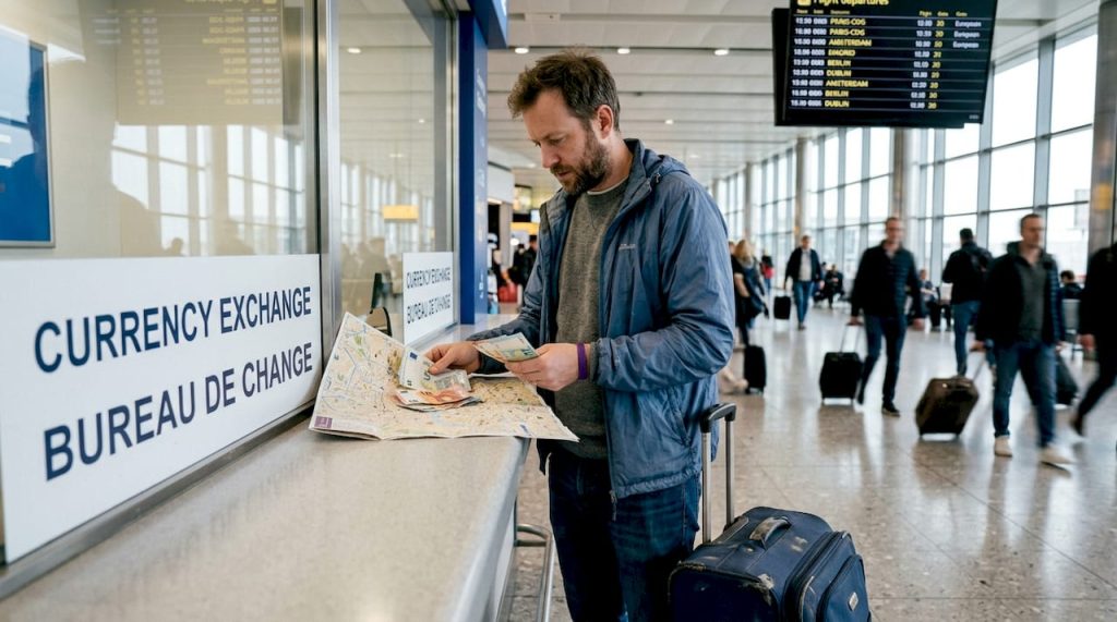 Man exchanging currency at airport counter