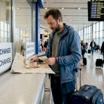 Man exchanging currency at airport counter