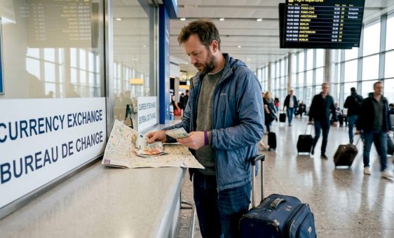 Man exchanging currency at airport counter