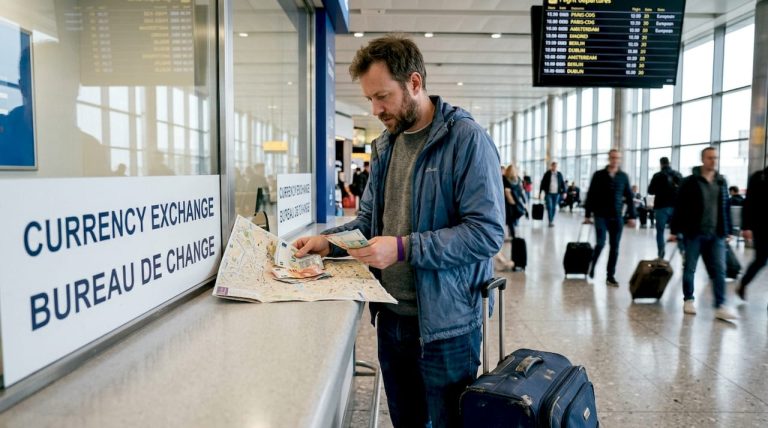 Man exchanging currency at airport counter