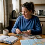 Woman sorting travel money at kitchen table