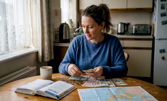 Woman sorting travel money at kitchen table