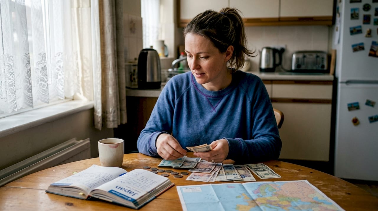Woman sorting travel money at kitchen table