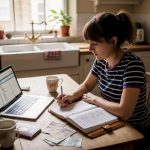 Woman budgeting travel costs at kitchen table