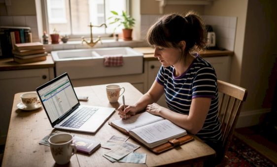 Woman budgeting travel costs at kitchen table