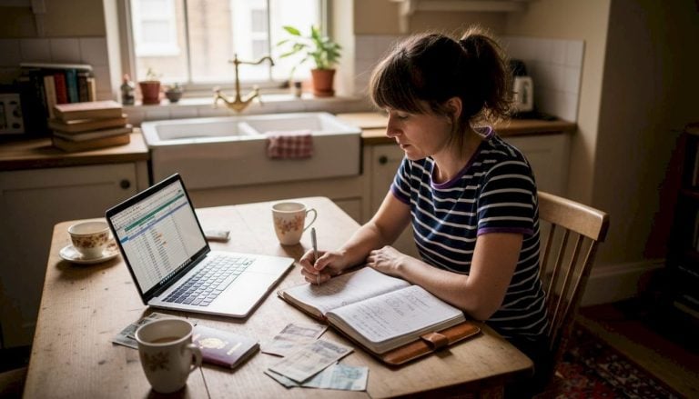Woman budgeting travel costs at kitchen table
