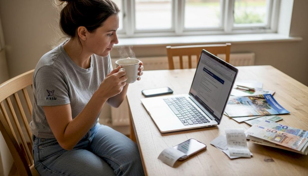 Woman planning travel currency at kitchen table