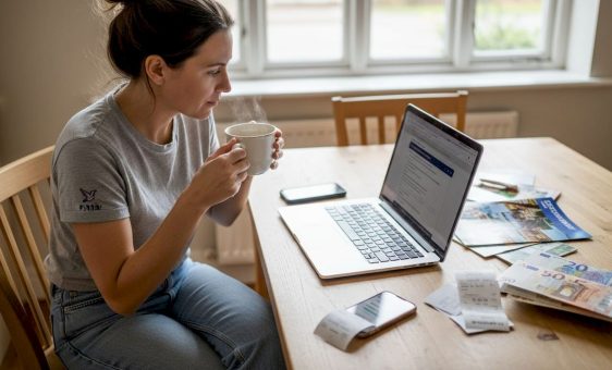 Woman planning travel currency at kitchen table