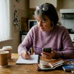 UK traveller checking exchange rates at kitchen table