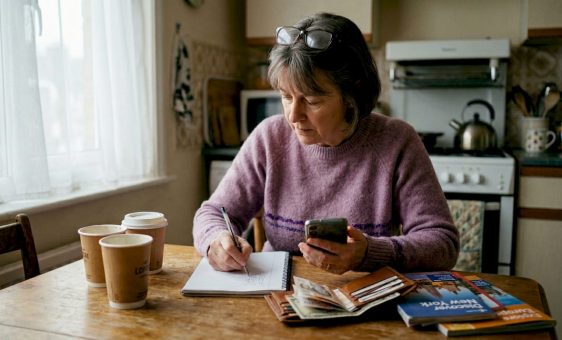 UK traveller checking exchange rates at kitchen table