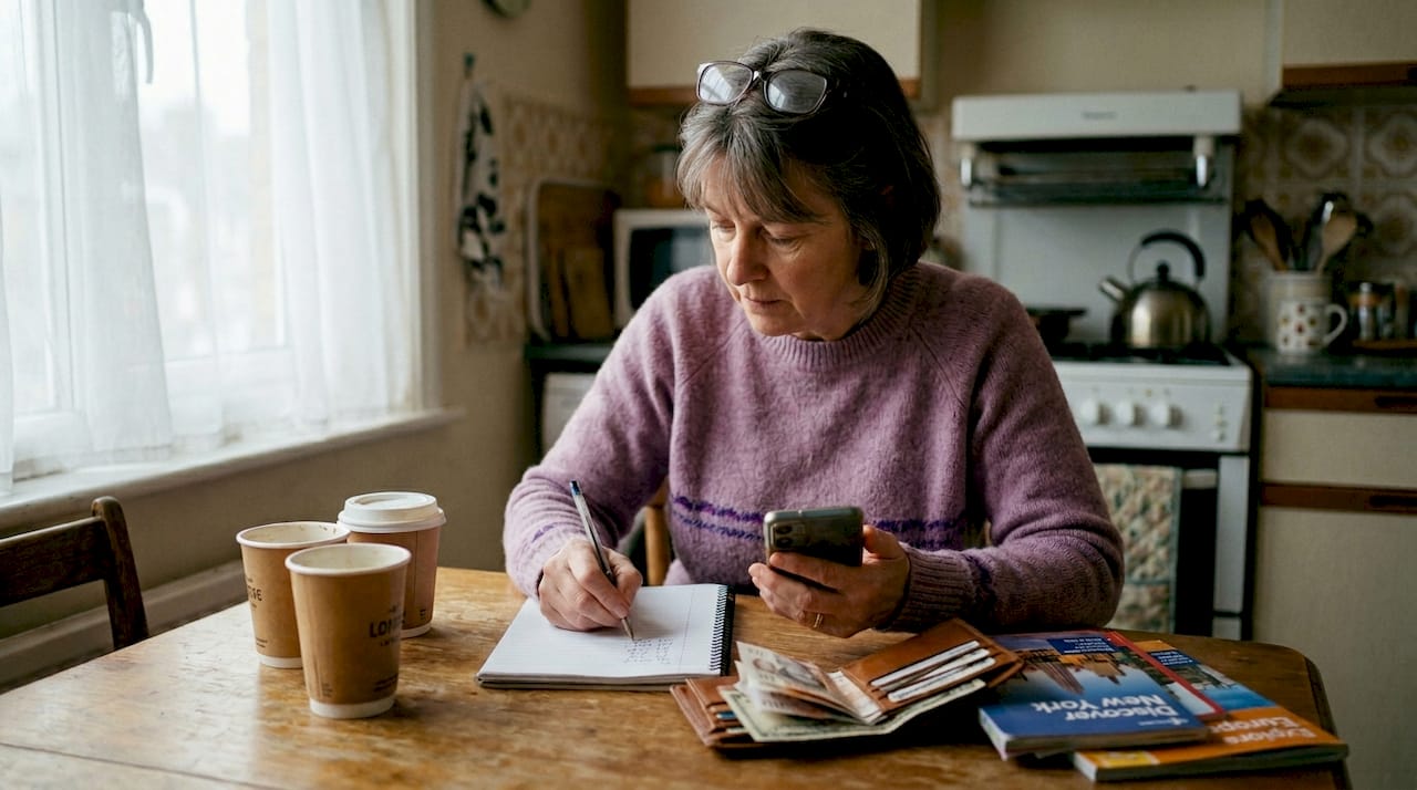 UK traveller checking exchange rates at kitchen table