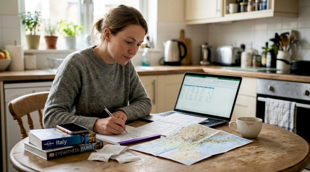 Woman planning travel budget at kitchen table