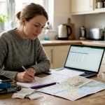 Woman planning travel budget at kitchen table