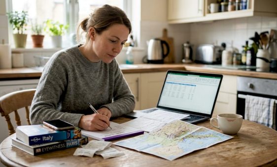 Woman planning travel budget at kitchen table