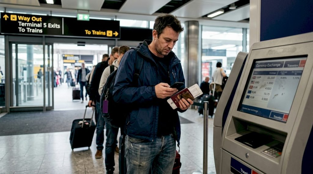 Airport currency exchange traveller in queue