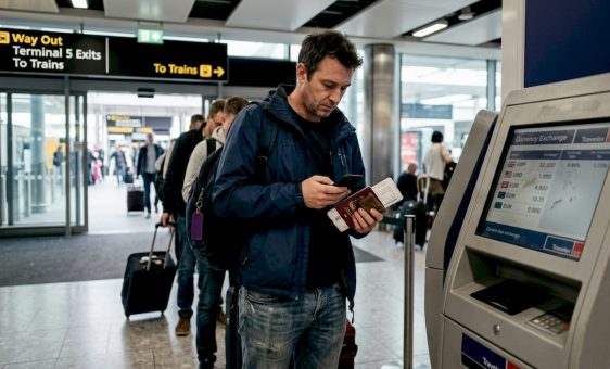 Airport currency exchange traveller in queue