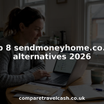 Woman comparing online money transfer services at kitchen table