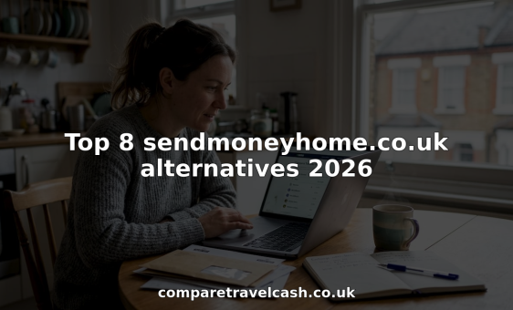 Woman comparing online money transfer services at kitchen table