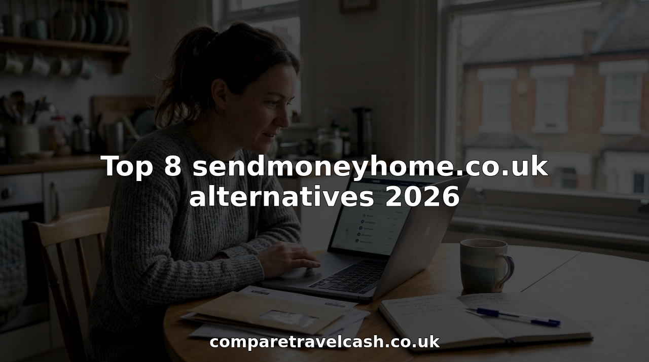 Woman comparing online money transfer services at kitchen table