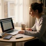Woman reviewing travel money online at home