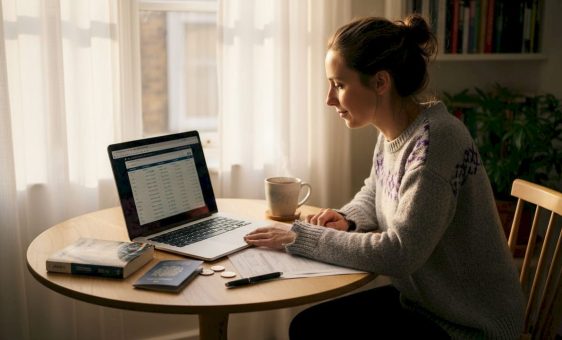 Woman reviewing travel money online at home