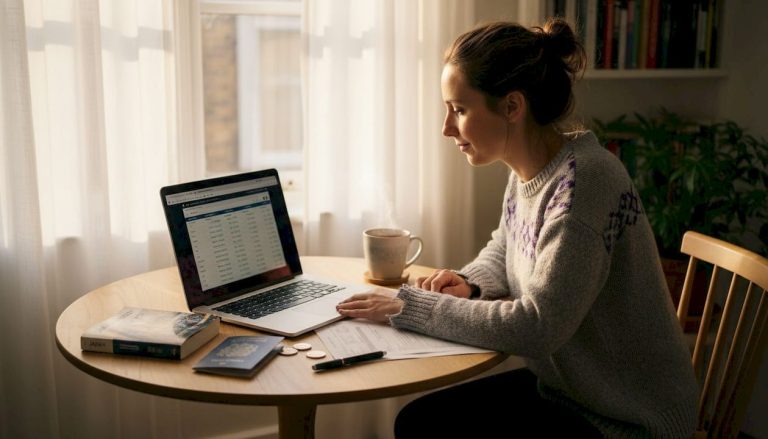 Woman reviewing travel money online at home