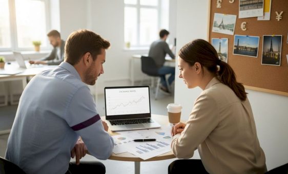 Colleagues discussing exchange rates data