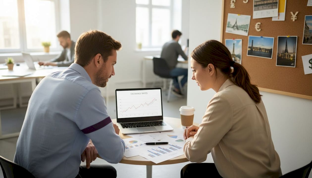 Colleagues discussing exchange rates data