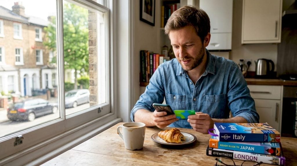 UK traveller prepping currency on smartphone