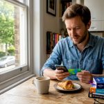UK traveller prepping currency on smartphone