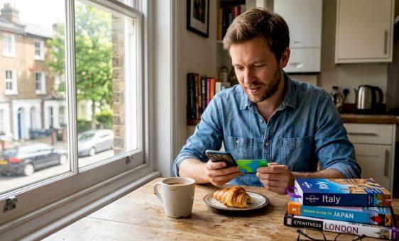 UK traveller prepping currency on smartphone