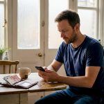 Man using phone to check currency rates at kitchen table