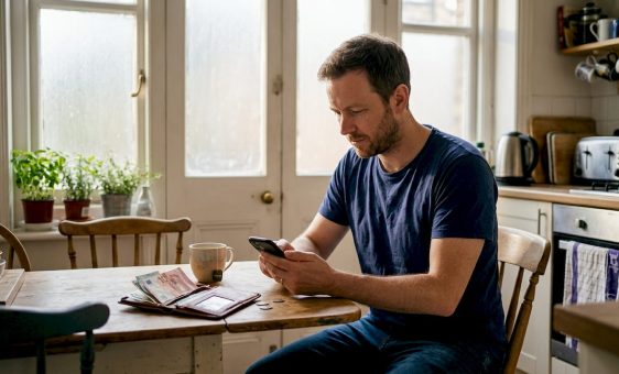 Man using phone to check currency rates at kitchen table