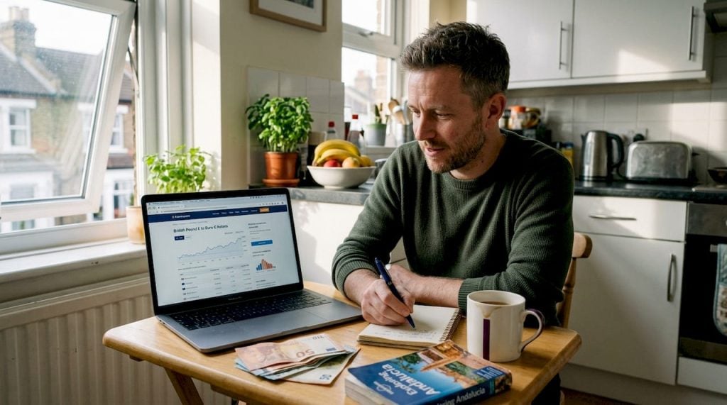 Man buying euros for travel at kitchen table