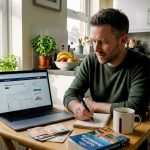 Man buying euros for travel at kitchen table