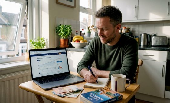 Man buying euros for travel at kitchen table
