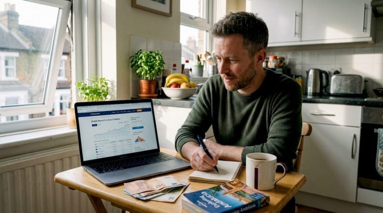 Man buying euros for travel at kitchen table