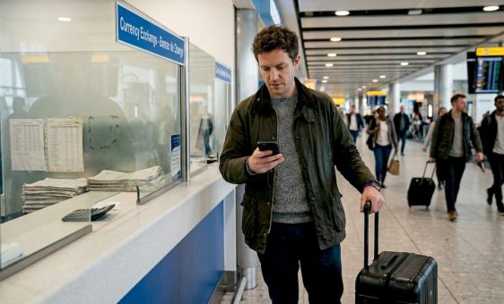 UK traveller checking exchange rates at airport