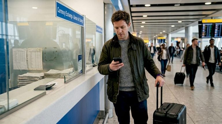 UK traveller checking exchange rates at airport
