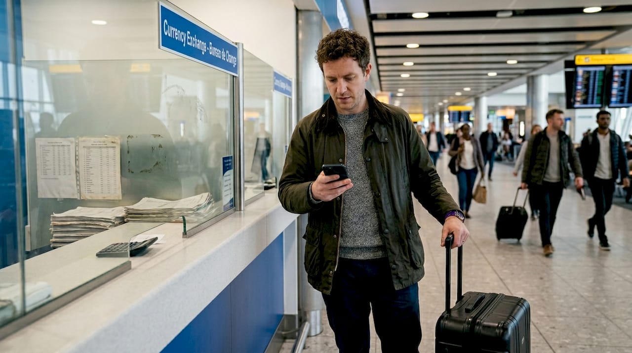 UK traveller checking exchange rates at airport