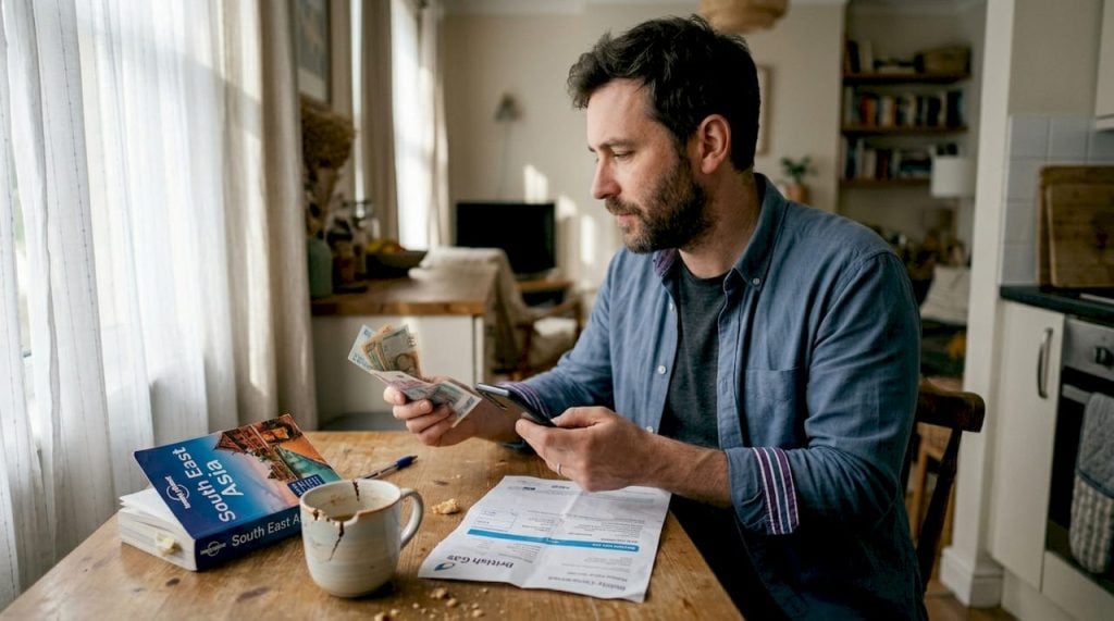 Man comparing exchange rates at kitchen table