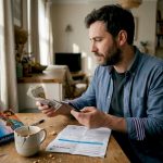 Man comparing exchange rates at kitchen table