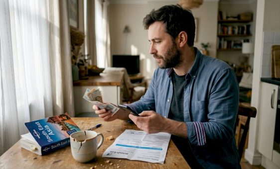 Man comparing exchange rates at kitchen table
